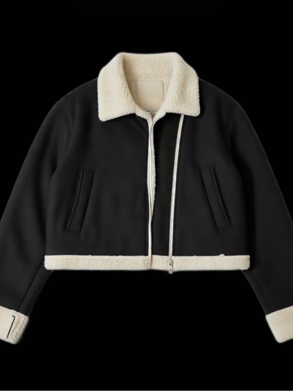 SHEIN Black Teddy-Lined Zip Jacket with Cream Trim